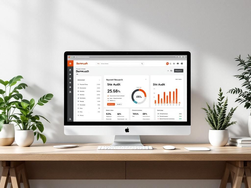 A screenshot of the Semrush dashboard showcasing its keyword research and site audit features, with highlighted metrics.